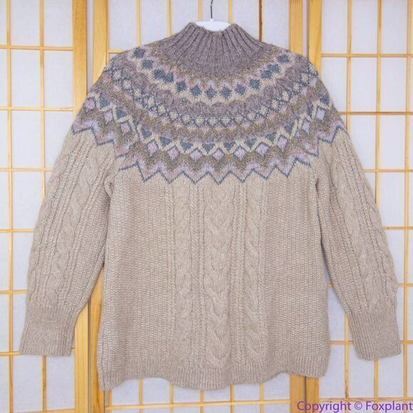 NEW Chico's Cable Yarn Wool Blend Fair Isle Tan Sweater, L - Picture 3 of 16